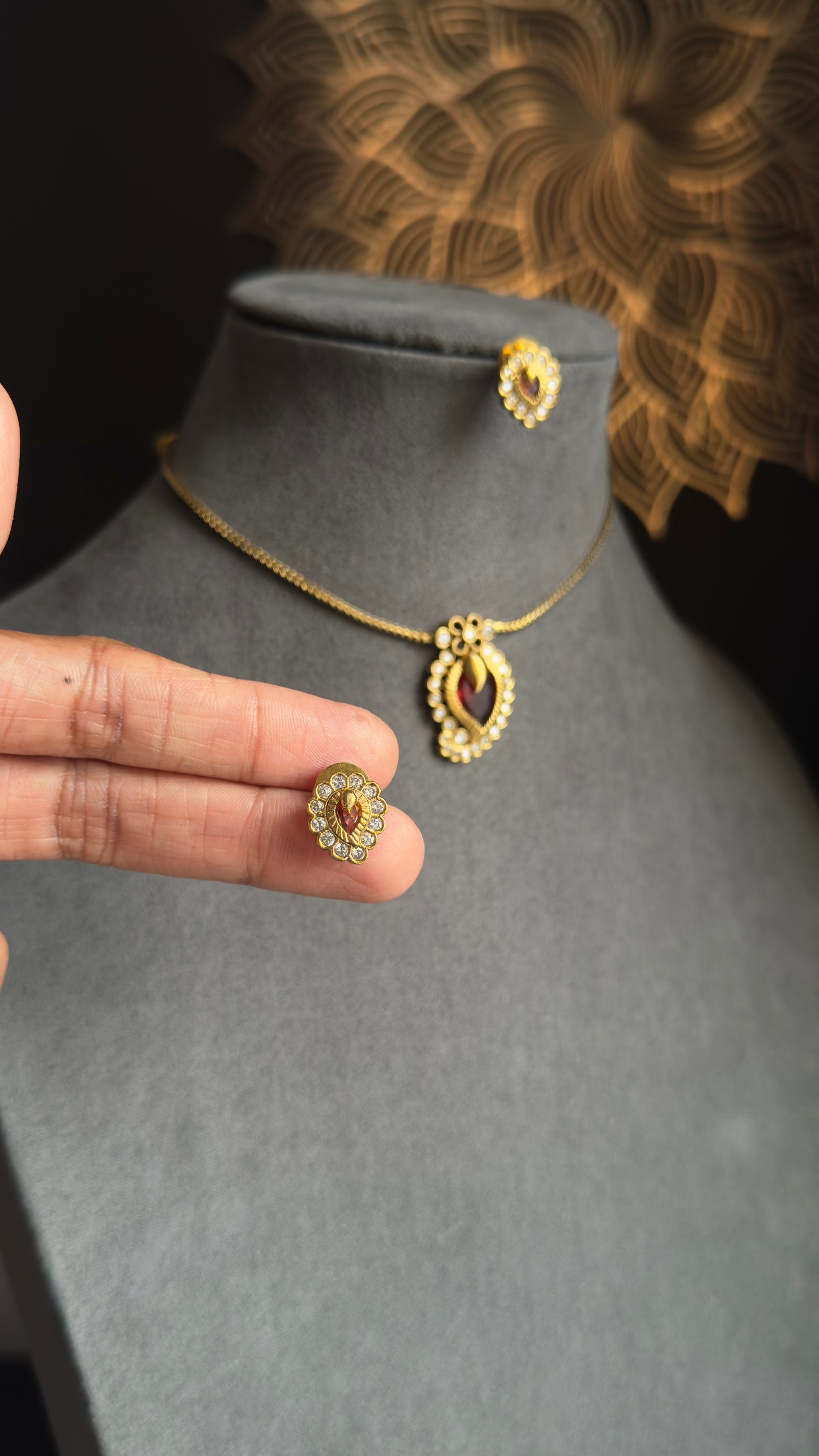Kerala Dainty Gold Plated Mullamottu Pendant Set with Earrings | Mango Design Necklace Set | Lightweight Daily Wear South Indian Jewellery