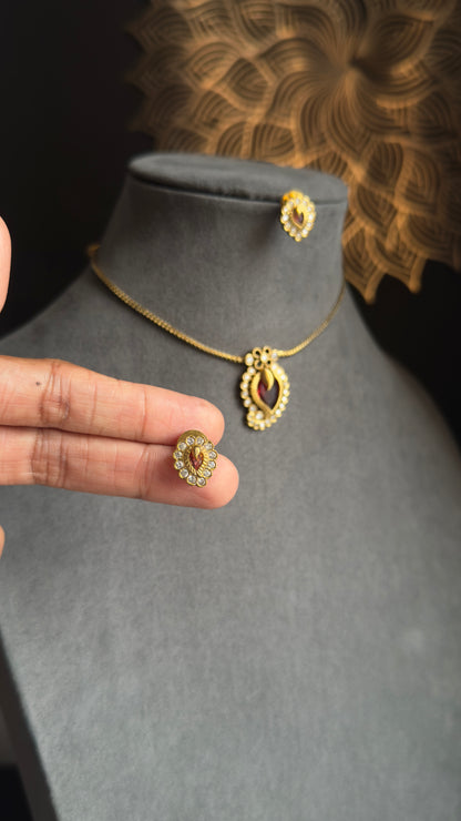 Kerala Dainty Gold Plated Mullamottu Pendant Set with Earrings | Mango Design Necklace Set | Lightweight Daily Wear South Indian Jewellery