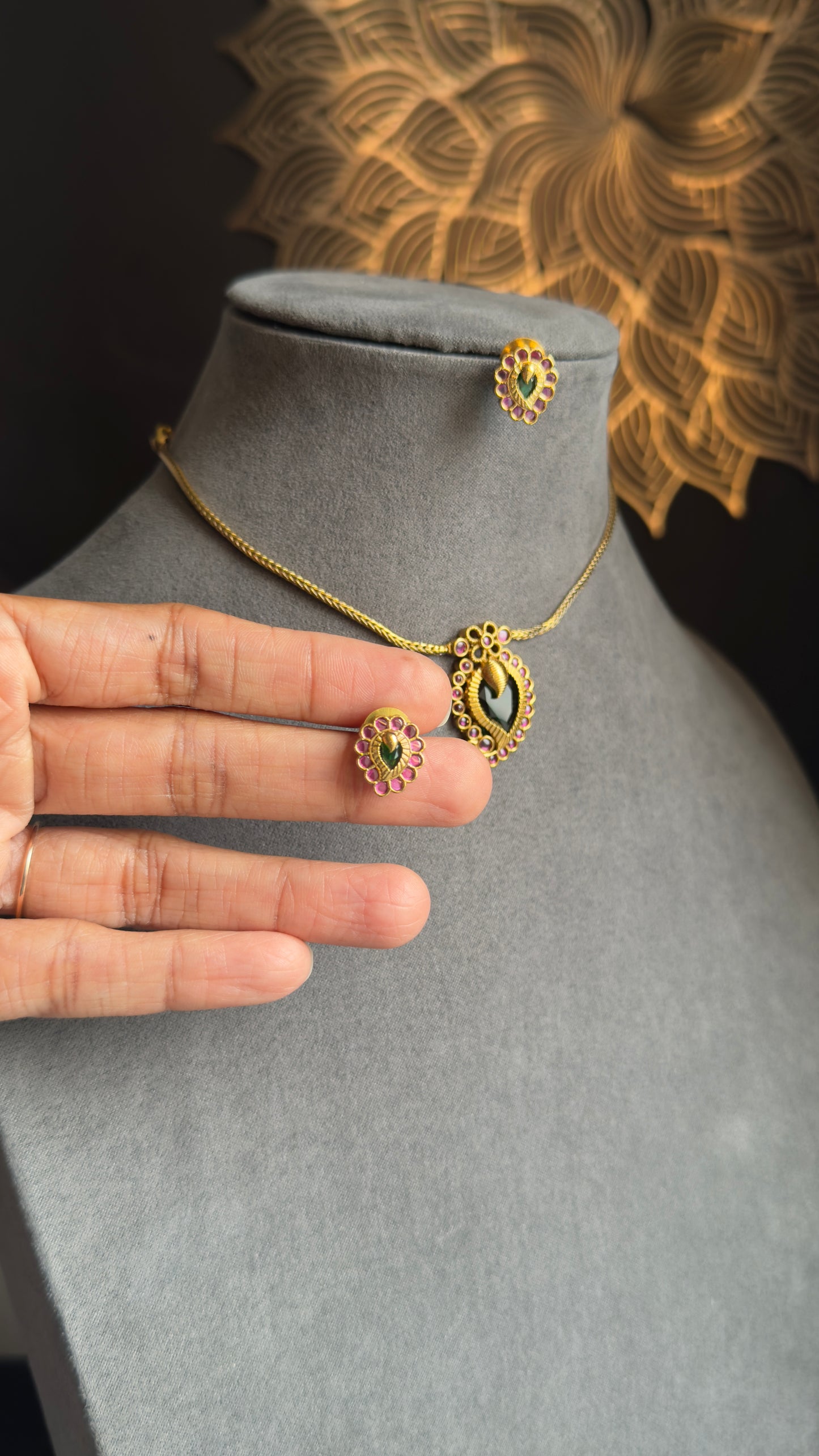 Kerala Dainty Gold Plated Mullamottu Pendant Set with Earrings | Mango Design Necklace Set | Lightweight Daily Wear South Indian Jewellery