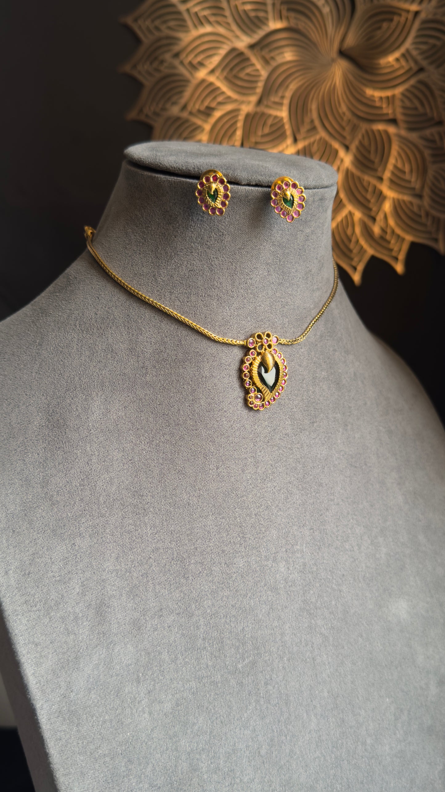 Kerala Dainty Gold Plated Mullamottu Pendant Set with Earrings | Mango Design Necklace Set | Lightweight Daily Wear South Indian Jewellery