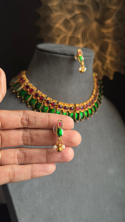 Kerala Nagapadam Choker Set | Traditional Green Palakka Necklace & Earrings | South Indian Temple Jewellery | South Indian Wedding Choker