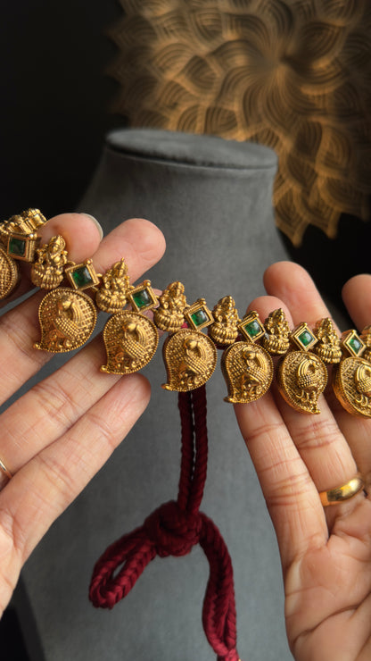Panoply Kerala Lakshmi Peacock Manga Mala Choker Set | Traditional Mango Design Necklace & Earrings | Antique Gold Finish Temple Jewellery