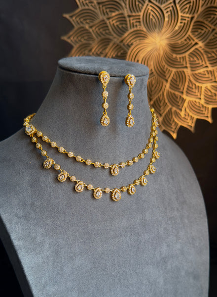2 line Matt Gold  Tear drop Pendant Indian Necklace Set - AMERICAN DIAMOND