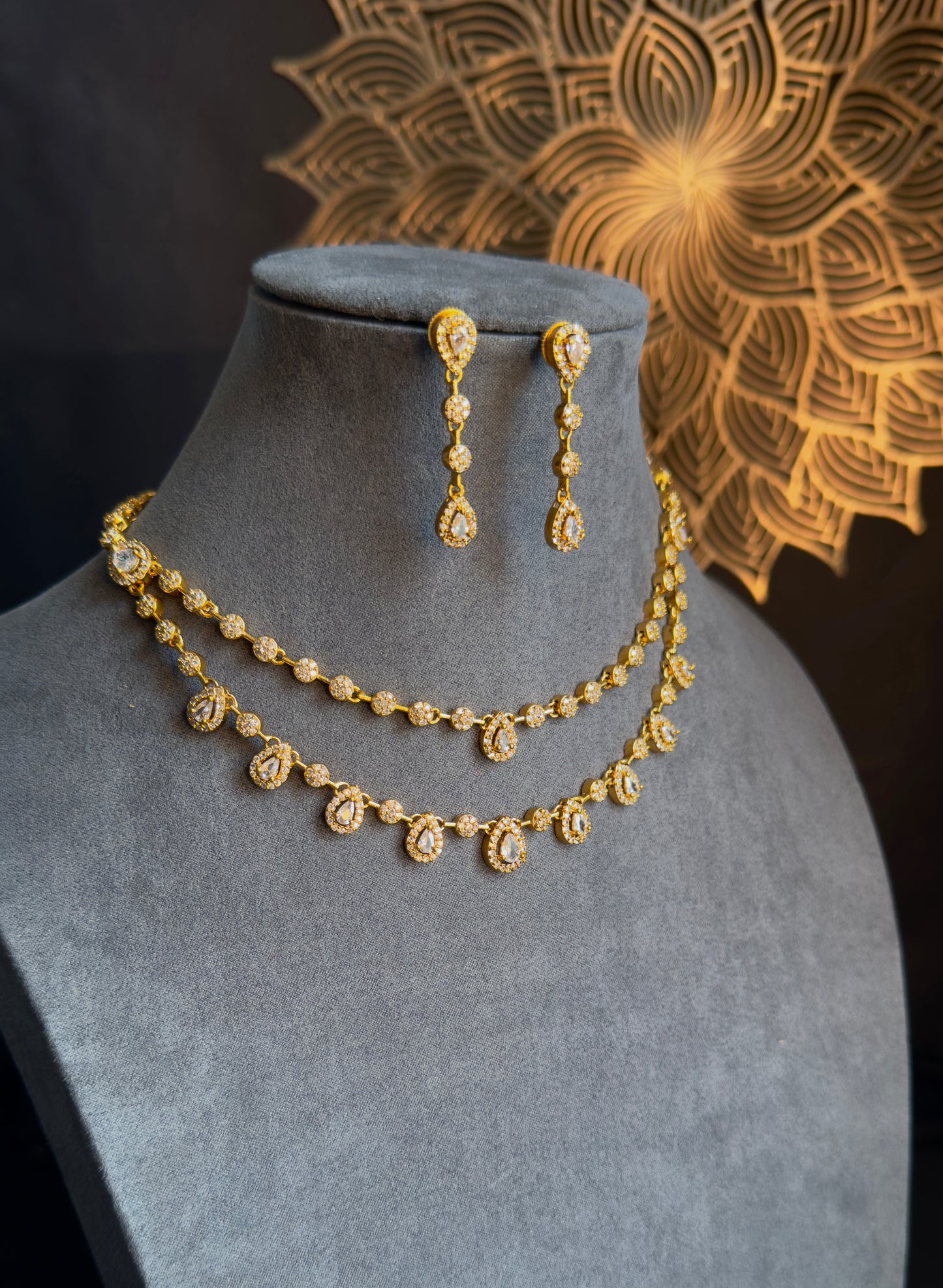 2 line Matt Gold  Tear drop Pendant Indian Necklace Set - AMERICAN DIAMOND