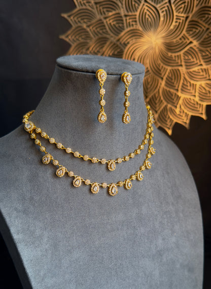 2 line Matt Gold  Tear drop Pendant Indian Necklace Set - AMERICAN DIAMOND