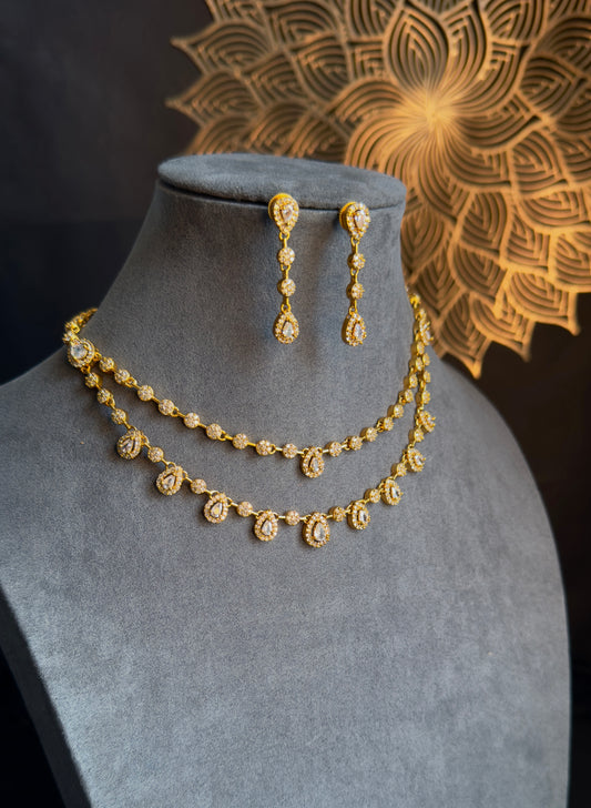 2 line Matt Gold  Tear drop Pendant Indian Necklace Set - AMERICAN DIAMOND