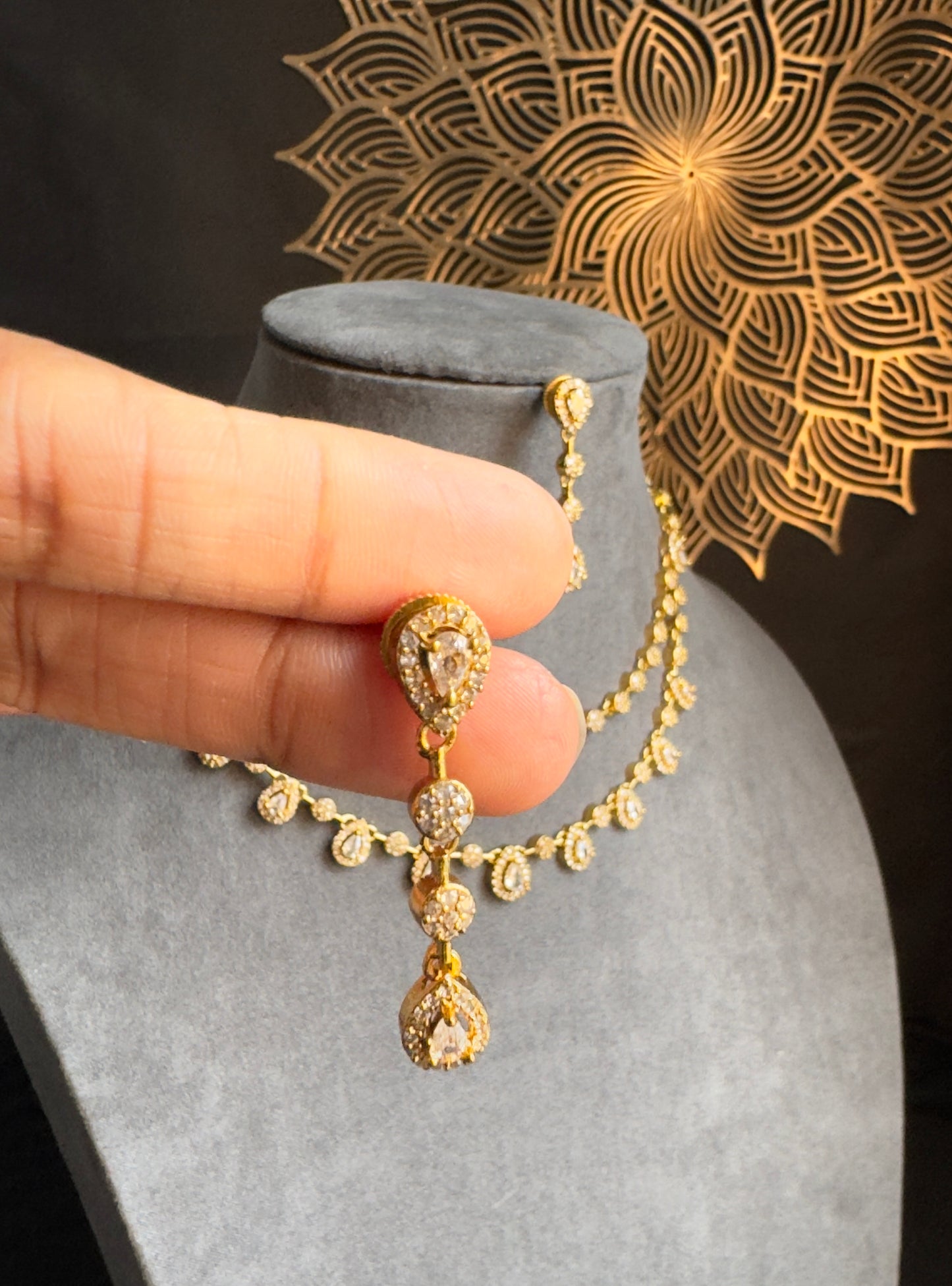 2 line Matt Gold  Tear drop Pendant Indian Necklace Set - AMERICAN DIAMOND