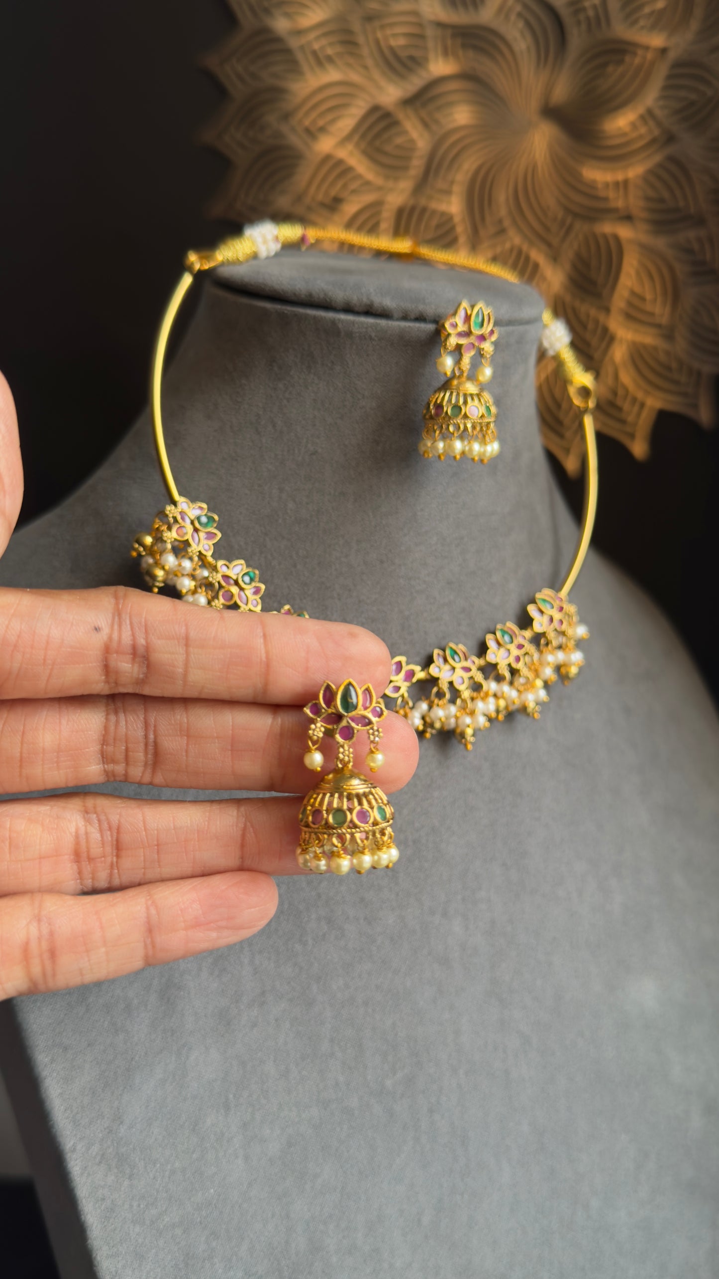 PANOPLY Hasli Tube Lotus Floral Necklace with Jhumka Earrings Temple Jewelry Pearl Choker Set |  | South Indian Bridal Jewelry