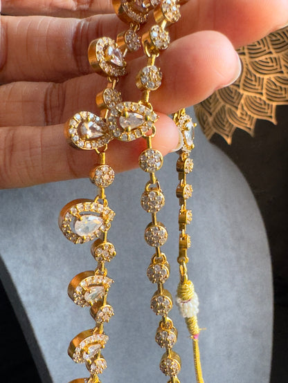 2 line Matt Gold  Tear drop Pendant Indian Necklace Set - AMERICAN DIAMOND