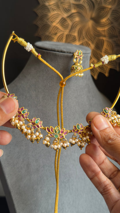 PANOPLY Hasli Tube Lotus Floral Necklace with Jhumka Earrings Temple Jewelry Pearl Choker Set |  | South Indian Bridal Jewelry