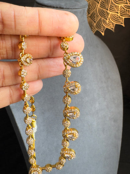 2 line Matt Gold  Tear drop Pendant Indian Necklace Set - AMERICAN DIAMOND
