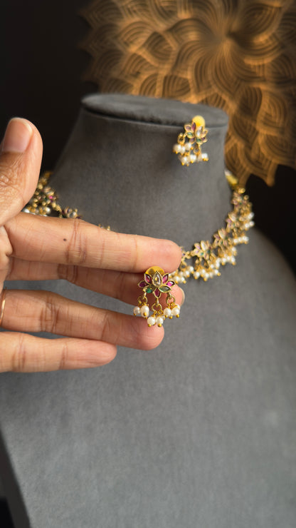 Panoply South Indian DAinty Lotus Necklace Set | Floral Pearl Choker with Earrings | Traditional Bridal Jewelry | South Indian Ruby Jewelry
