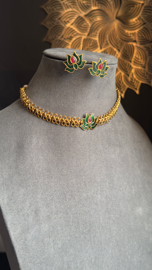 Panoply Best Selling Lotus Necklace with Earrings Lotus Necklace Set South Indian jewelery