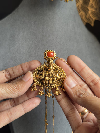 Panoply South Indian Lakshmi Mid length Pendant Necklace | Lightweight Temple Jewelry with Coral Accent & Earrings