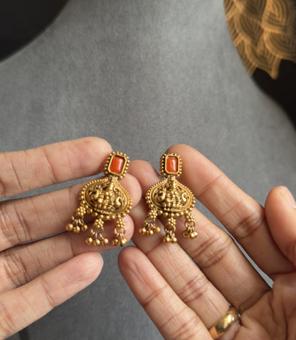 Panoply South Indian Lakshmi Mid length Pendant Necklace | Lightweight Temple Jewelry with Coral Accent & Earrings