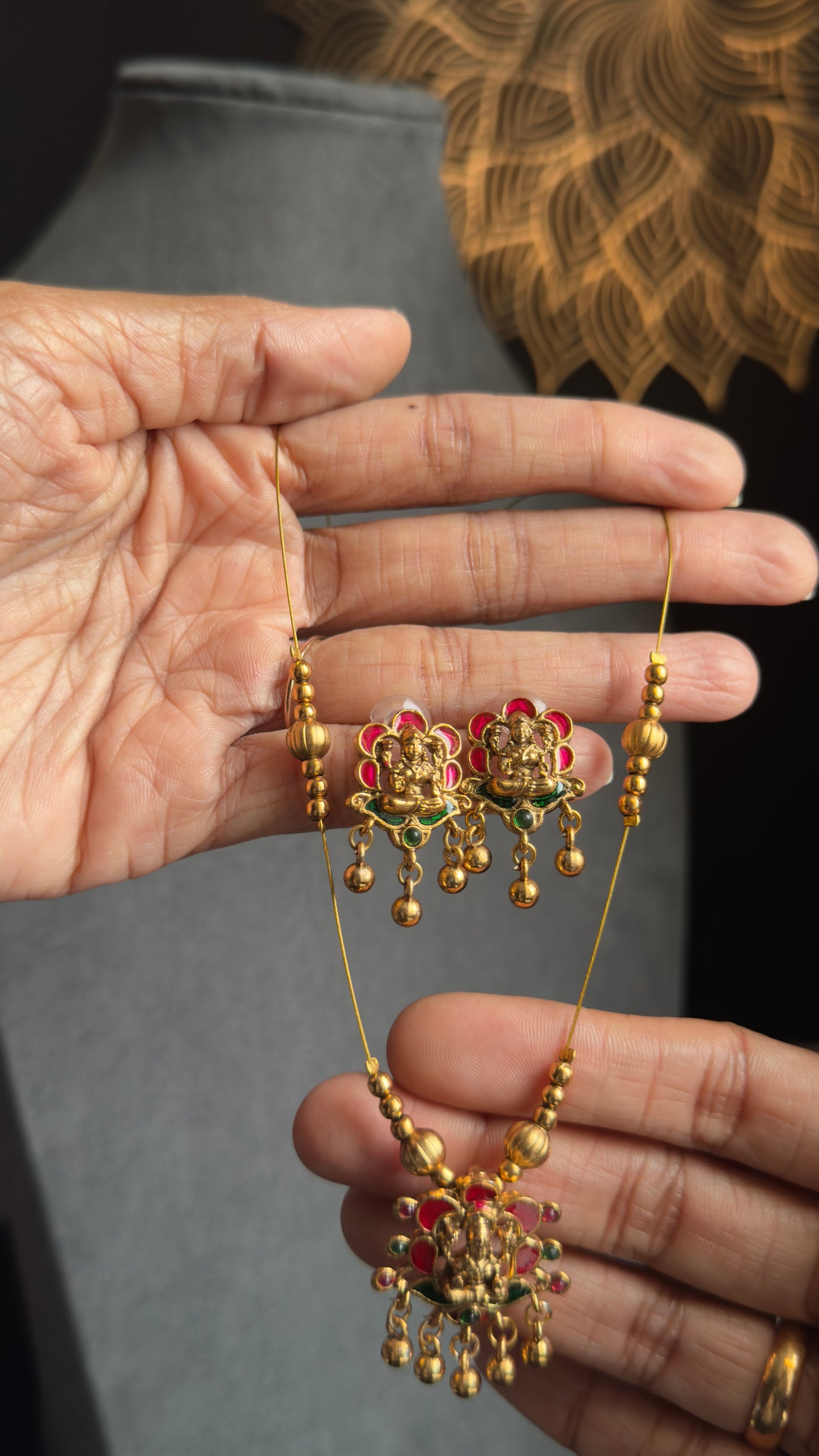 Panoply South Indian Invisible Lakshmi Pendant Necklace | Lightweight Temple Jewelry with Coral Accent & Earrings