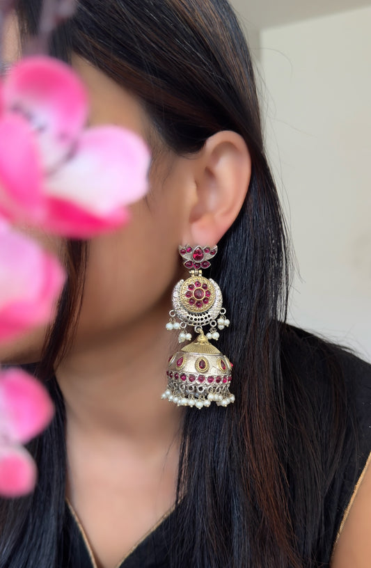 Dual-Tone Silver Statement Jhumka, Ruby & Pearl - FUSION