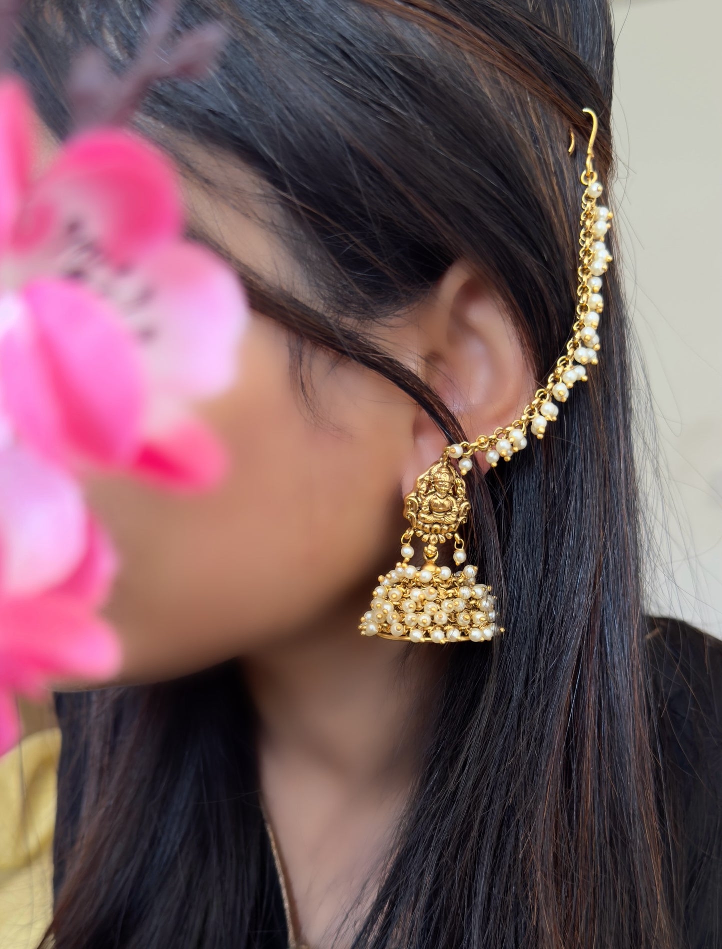 Goddess Cluster Pearl Jhumka with Ear Chain - TEMPLE