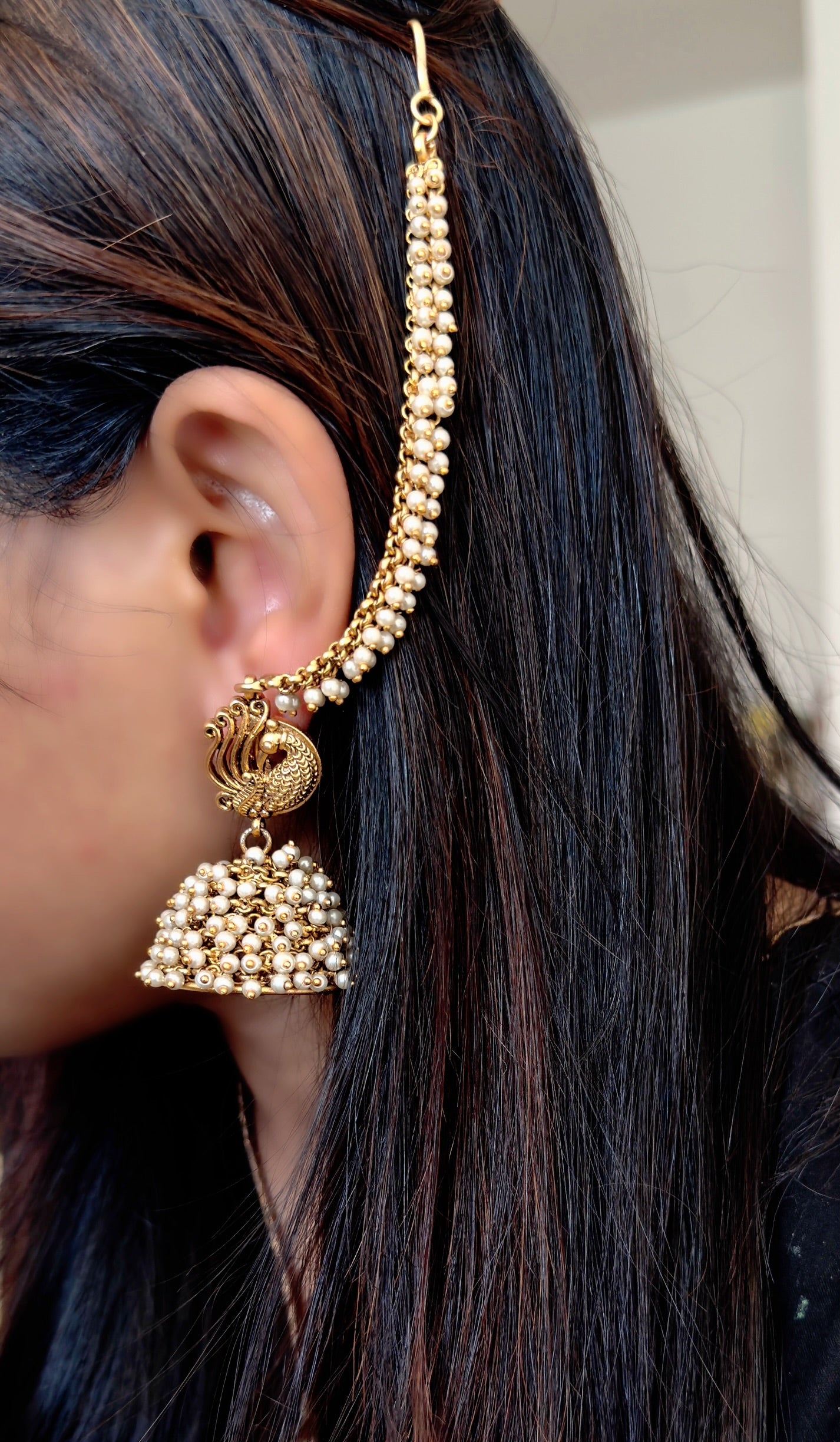 Peacock Cluster Pearl Jhumka with Ear Chain - TRADITIONAL