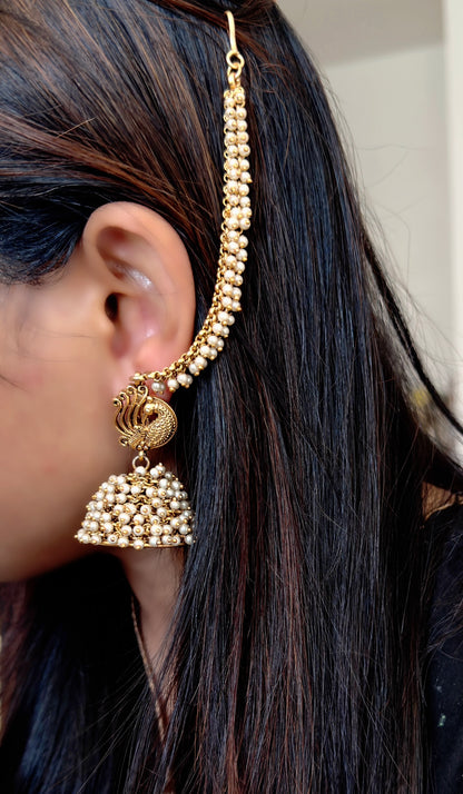 Peacock Cluster Pearl Jhumka with Ear Chain - TRADITIONAL