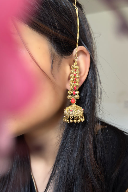 Coral Gold Jhumka with Ear Chain - TRADITIONAL