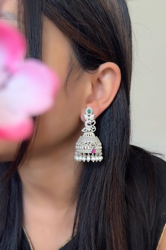 Peacock Silver Jhumki, Ruby & Pearl - TRADITIONAL