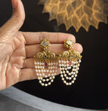 Curtain South Indian Pearl Earrings | Bridal Jewelry with Ruby & Kundan Stones | Temple Style Long Earrings | SOuth Indian earring