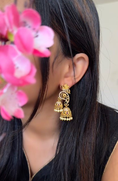 Gold Peacock Double Jhumka Earrings - TRADITIONAL