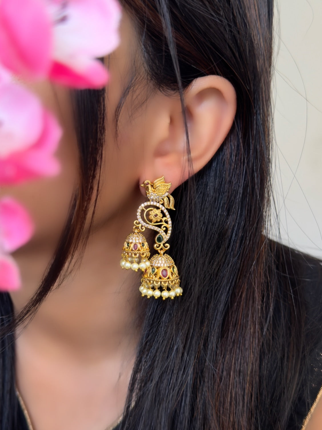 Gold Peacock Double Jhumka Earrings - TRADITIONAL