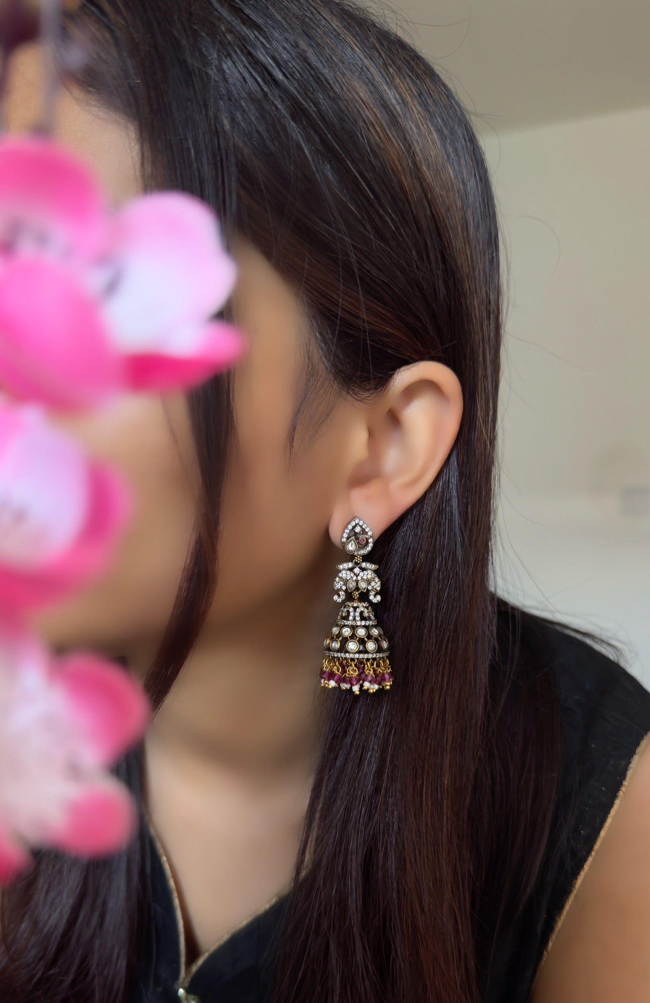 Victorian-Style Elephant and Peacock Jhumka Earrings Pearl Accents - TRADITIONAL