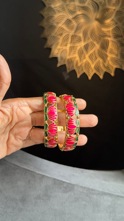 Set of 2 Lotus Gold Enamel hand painted Bangle South indian Jewelry Antique indian jewelry| South Indian Bangle Bracelet |Temple bangle