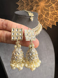 Pearl Square Faux Kundan Choker Tikka Jhumka Set- BOLLYWOOD