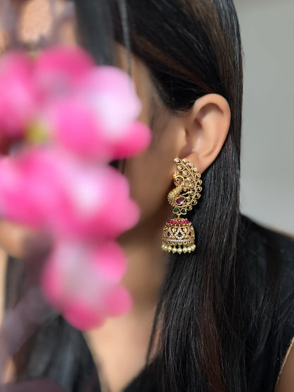 Peacock-Inspired Top Jhumka Earrings   - TRADITIONAL