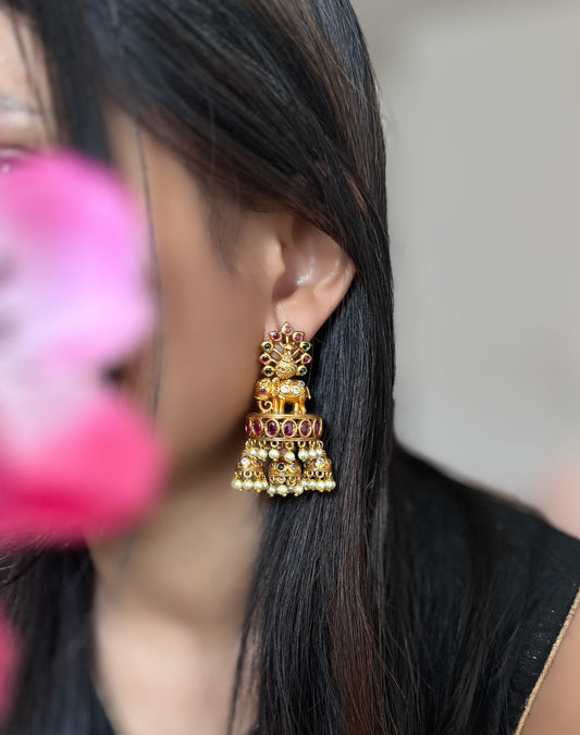 Elephant Gold Triple Jhumka Earrings - FUSION