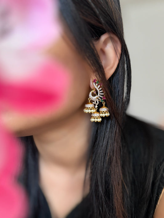 Gold Peacock Triple Jhumka Earrings - FUSION