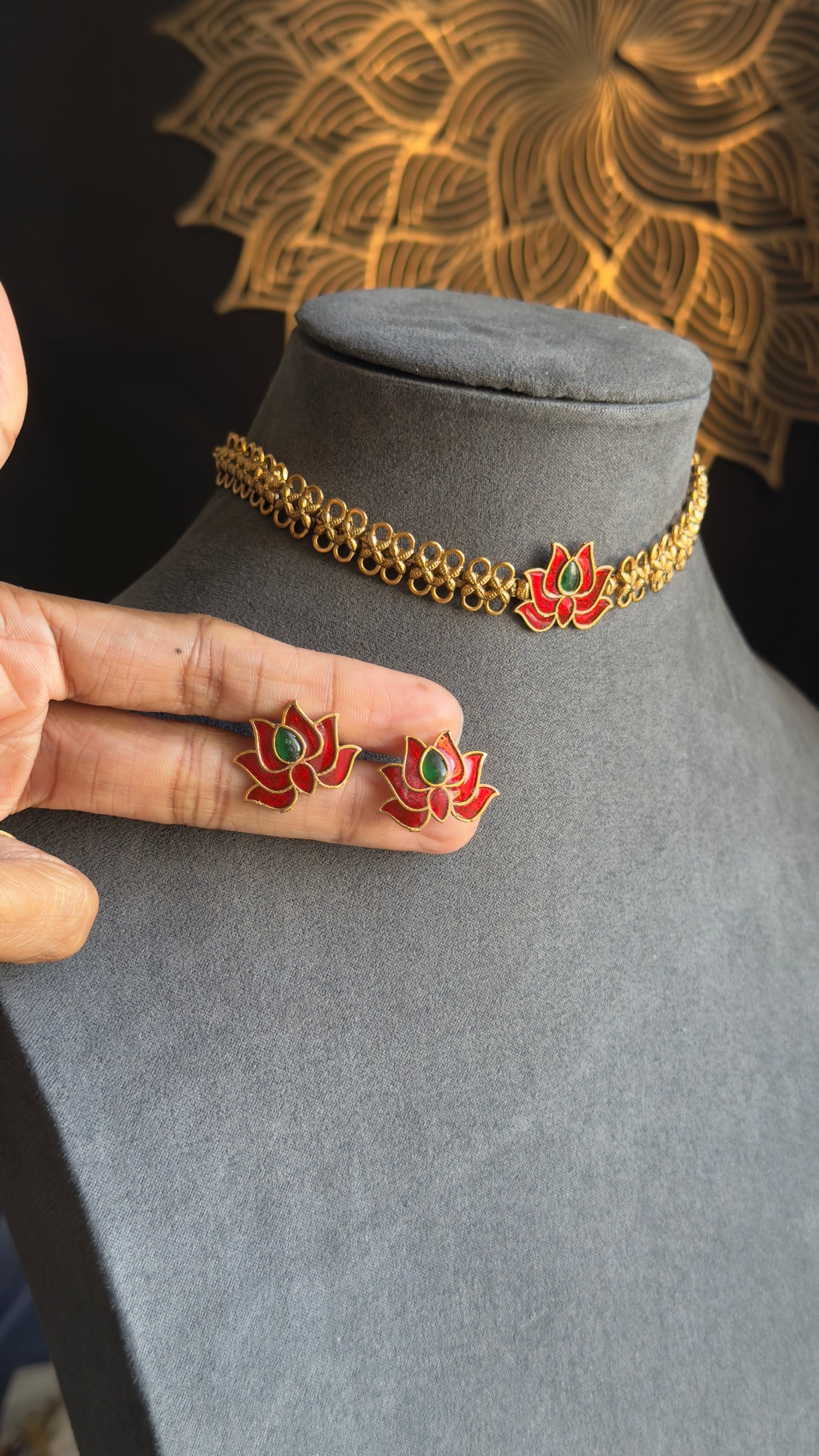 Panoply Best Selling Lotus Necklace with Earrings Lotus Necklace Set South Indian jewelery