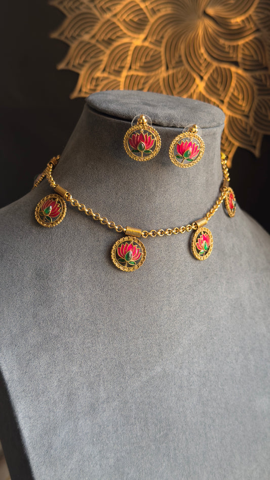 Lotus Pendant gold Necklace with Earrings South Indian Jewellery
