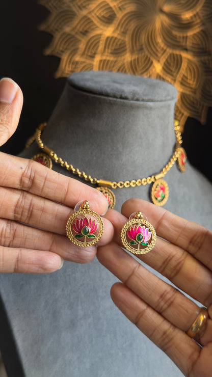 Lotus Pendant gold Necklace with Earrings South Indian Jewellery