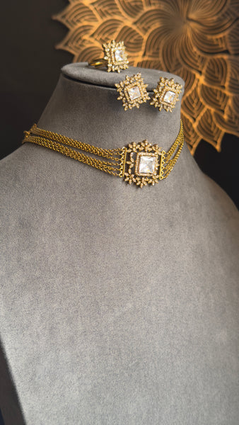 PANOPLY Gold Bead AD layer Party Choker Set South Indian Jewelry with stud and ring - FUSION