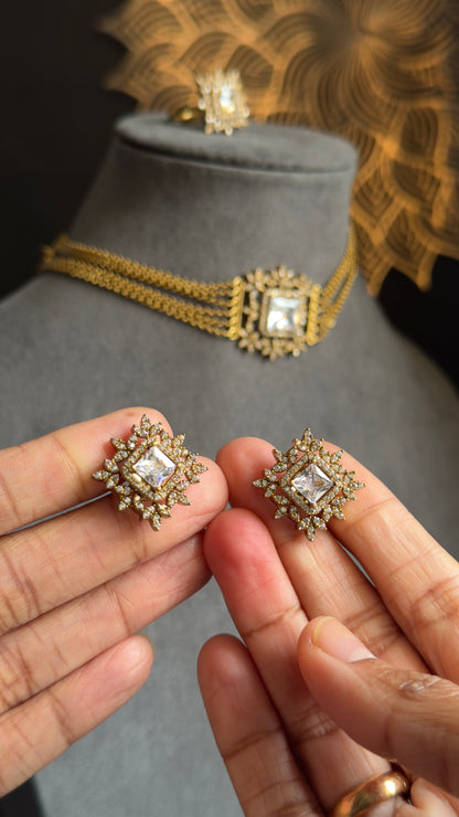 PANOPLY Gold Bead AD layer Party Choker Set South Indian Jewelry with stud and ring - FUSION