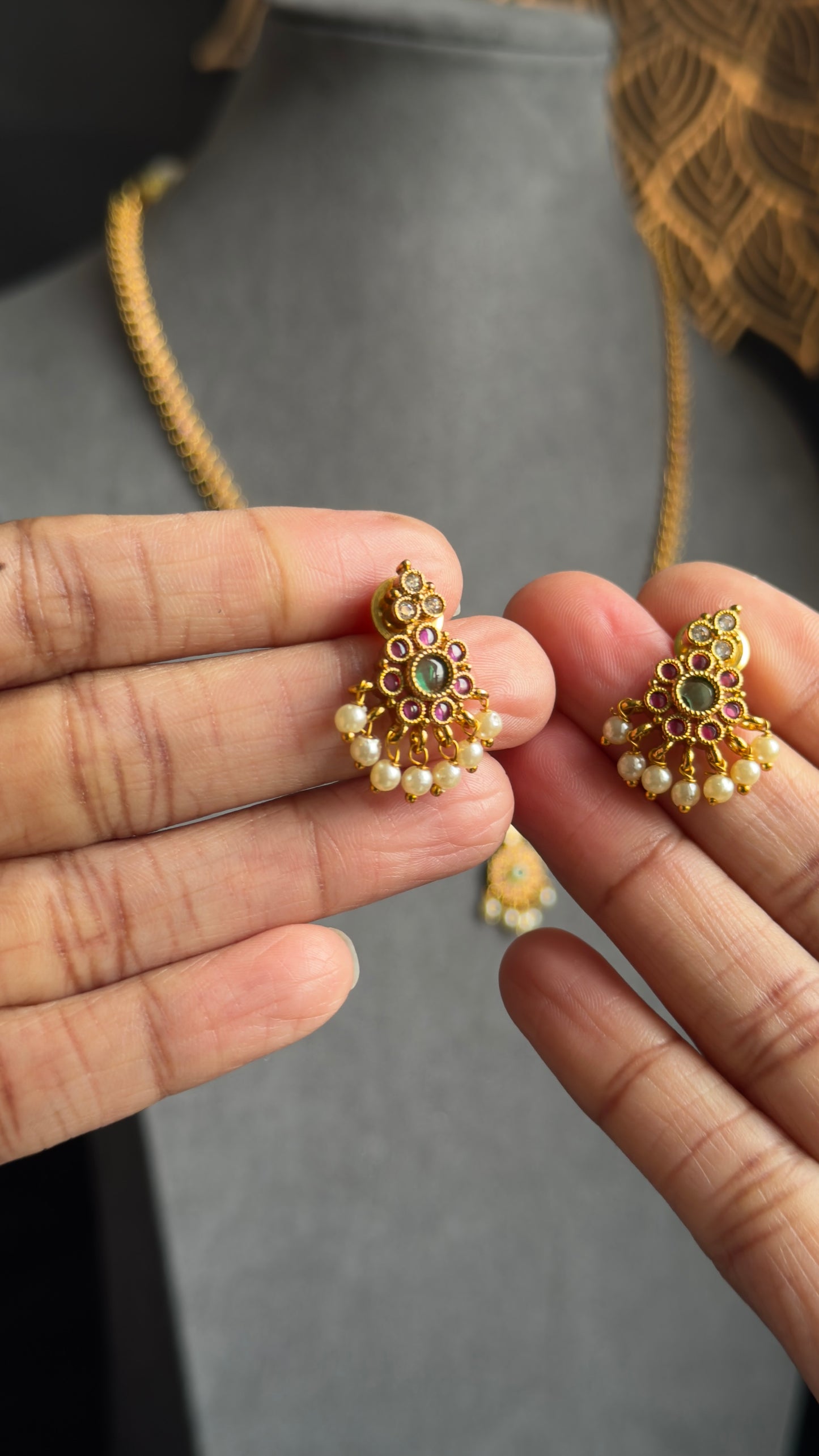 South Indian Kemp Long Necklace Set with Pearl Drop Earrings – South Indian Jewellery UK