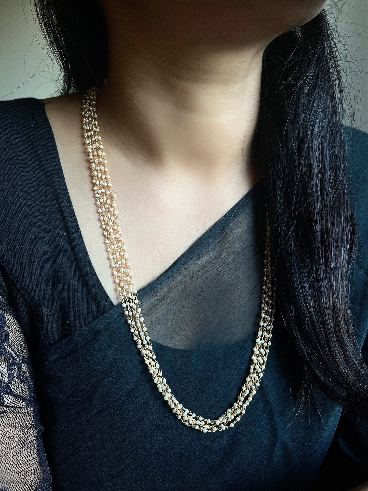 Elegant Long 5 Layer Pearl Necklace - LONG NECKLACE