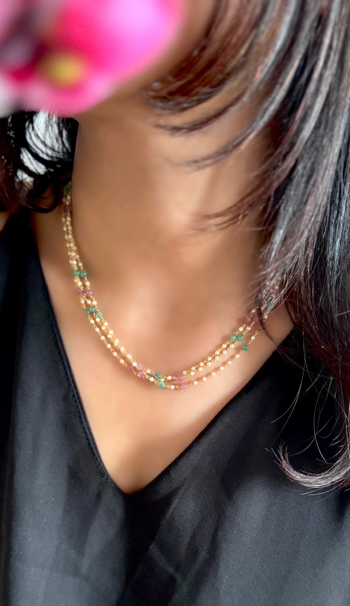 Short Pastel 3 Layer Pearl Necklace, Traditional - BUDGET