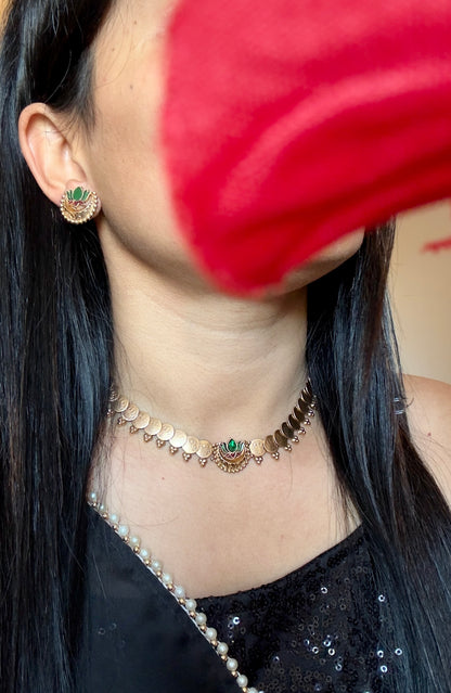 Crescent/ Diya Inspired Lotus Coin Necklace with Earrings Necklace Set South Indian jewelery
