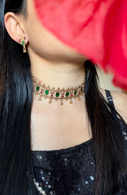 Cute Kerala Closed neck Choker Jewelry with pretty beads South Indian Jewelry Necklace Set