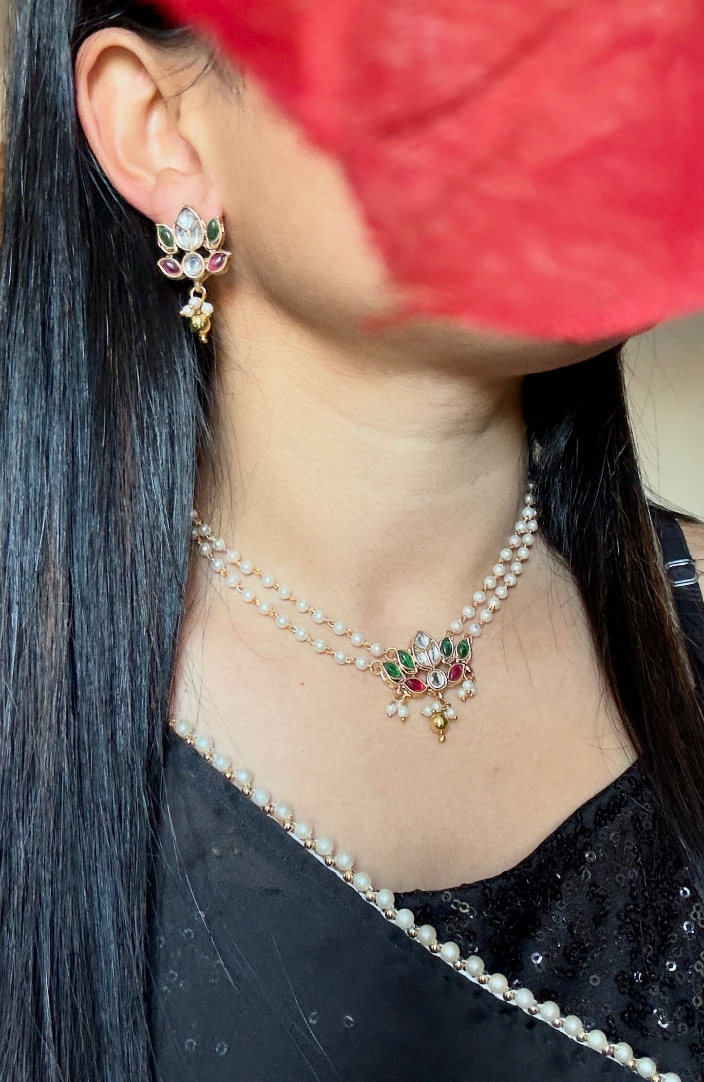 2 Layer Pearl pendant dainty Gold Necklace set