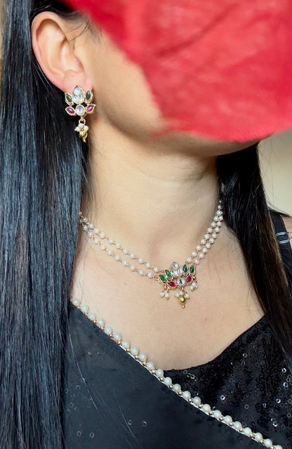 2 Layer Pearl pendant dainty Gold Necklace set