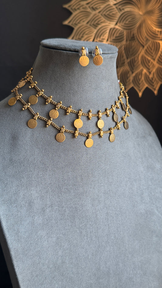 Kasu Coin Choker Necklace Set with Earrings | South Indian Kasu Mala | Temple Jewellery Lakshmi| Traditional Necklace