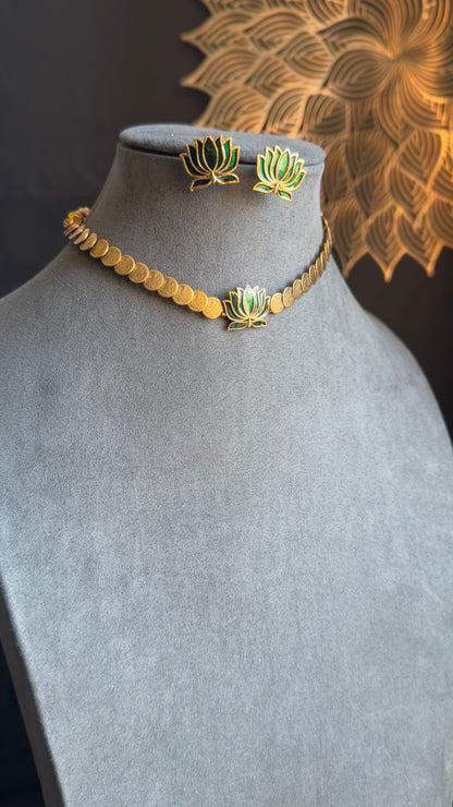 Coin decorated Lotus Necklace with Earrings Lotus Necklace Set South Indian jewelery