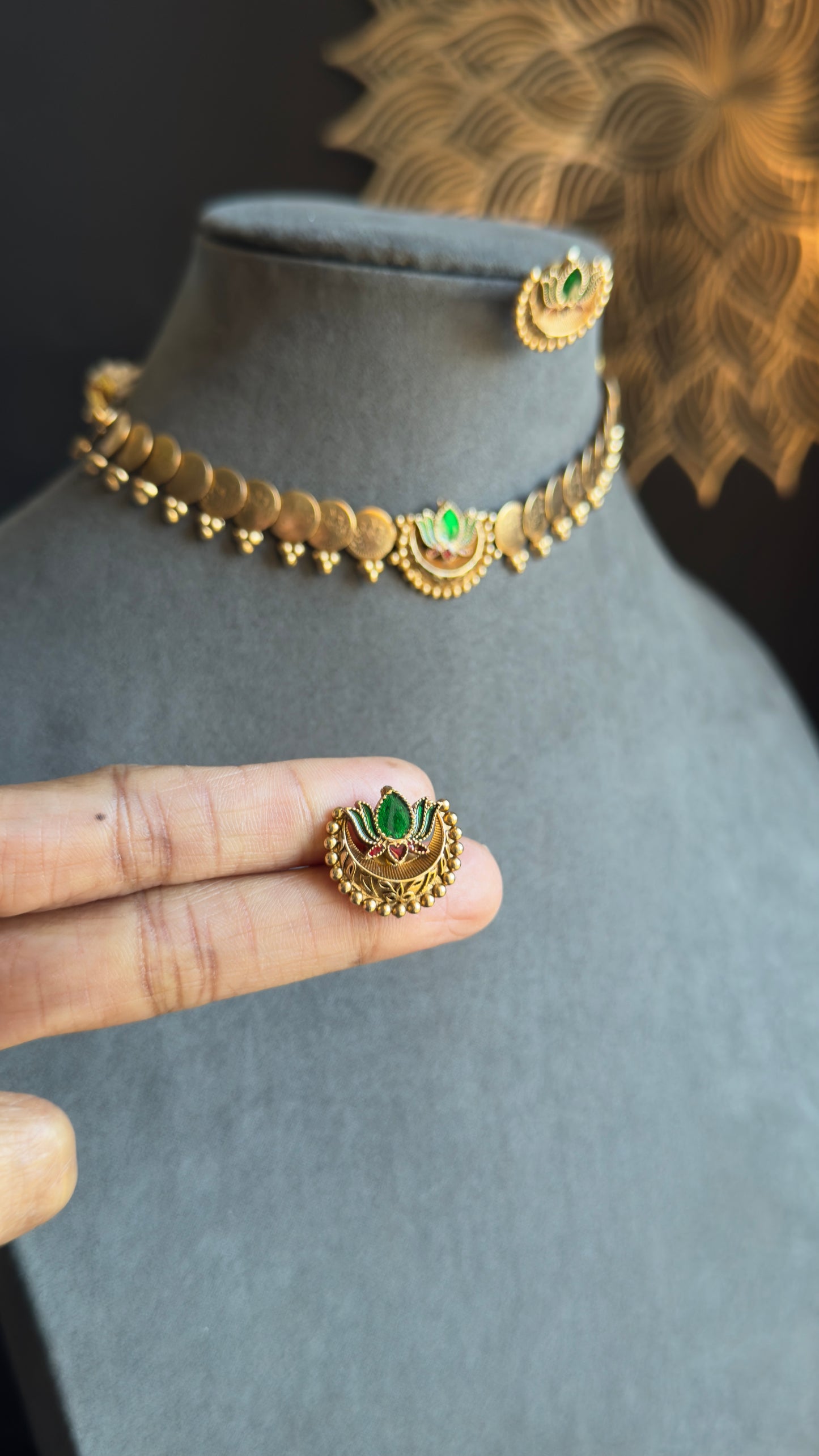 Crescent/ Diya Inspired Lotus Coin Necklace with Earrings Necklace Set South Indian jewelery
